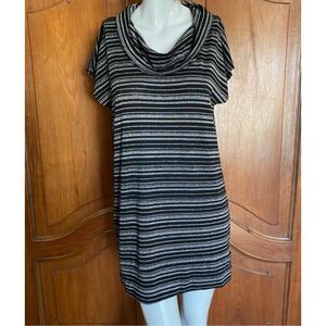 Vintage Tunic Top Black & Silver Shirt Metallic Stripe Blouse Size XL